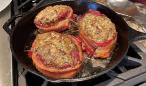 Bacon-wrapped Parmesan Garlic Crusted Tenderloin out of the Broiler